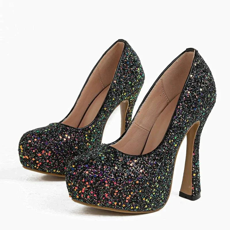 VougeVamp Sequined Cloth Platform Pumps - Round Toe High Heel Party Shoes for Women