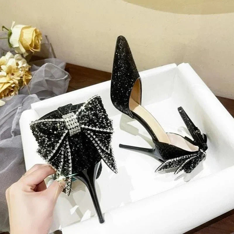 Women's Pointed Toe High Heel Pumps – Elegant Bling Dress Shoes with Butterfly Knot for Weddings & Parties - VougeVampUK