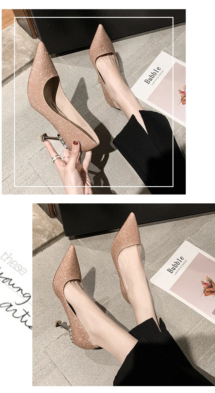 VougeVamp Elegant Stiletto Heels – Nude & Metallic Pointed Toe Dress Shoes with Pearl Detail for Bridal, Party & Special Occasions