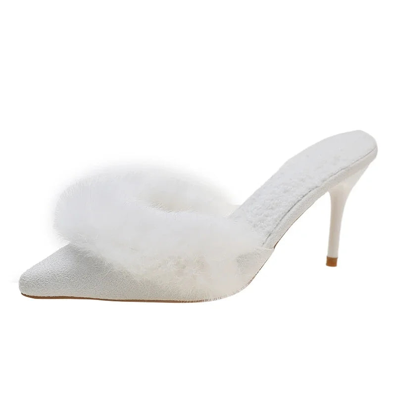 VougeVamp Women's Pointed Toe High Heel Mules – Elegant Slip-On Fur Sandals for Parties & Fashionable Wear
