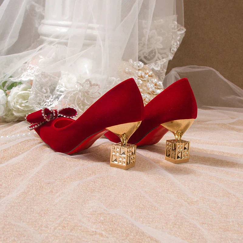 VougeVamp Red Bowtie Crystal High Heel Pumps – Elegant Slip-On Bridal & Party Shoes