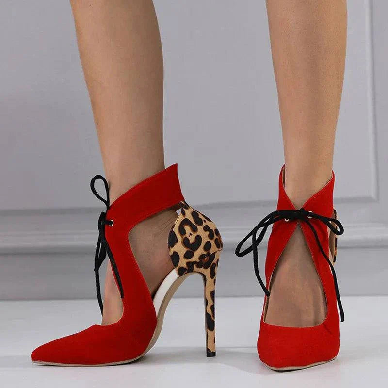 VougeVamp Leopard Print Cross-Tied Platform Pumps - Pointed Toe 12CM High Heel Wedding Shoes for Women
