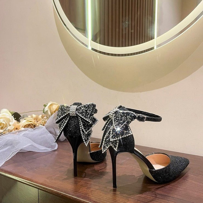 Women's Pointed Toe High Heel Pumps – Elegant Bling Dress Shoes with Butterfly Knot for Weddings & Parties - VougeVampUK