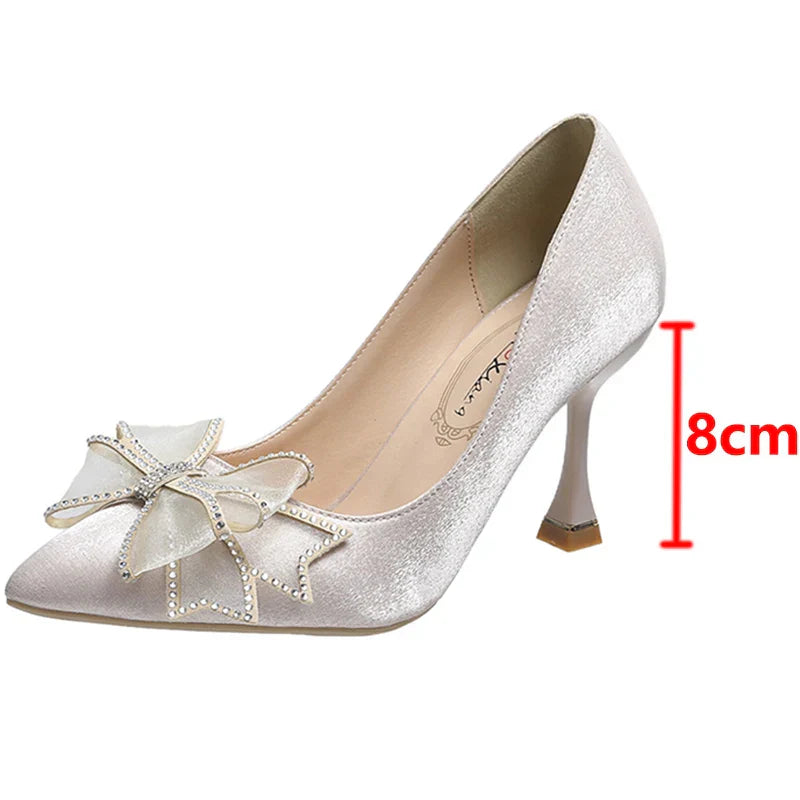 VougeVamp Rhinestone Bow Pointed Toe Stiletto Pumps – Elegant Satin Bridal & Wedding Heels - VougeVampUK