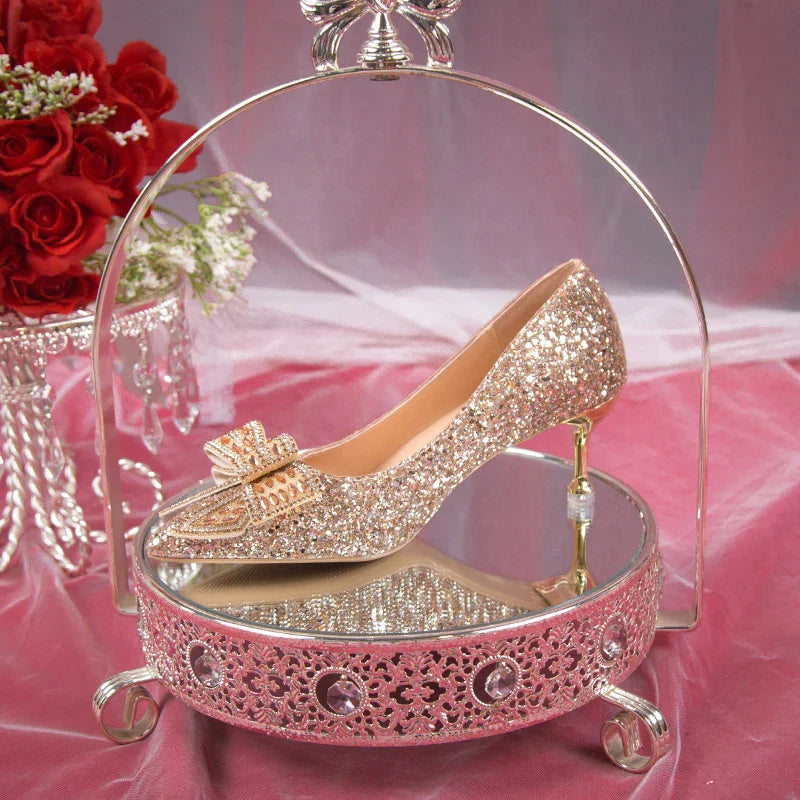 VougeVamp Handmade Crystal Bow Bridal Pumps – Glitter High Heels for Weddings & Parties