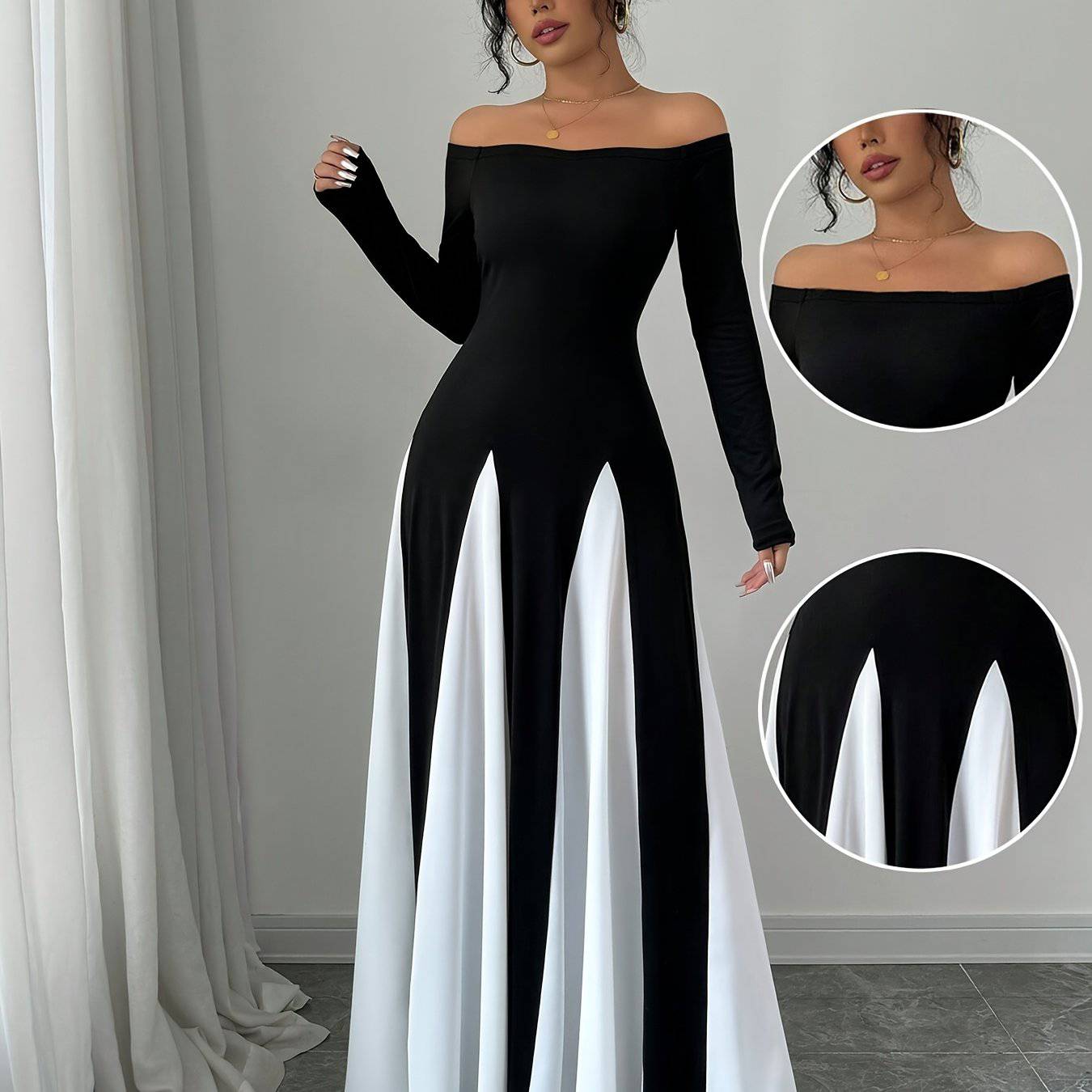 Strapless Ball Gown Kimono Dress for Women – Long Sleeve, Solid Color, A-Line Silhouette