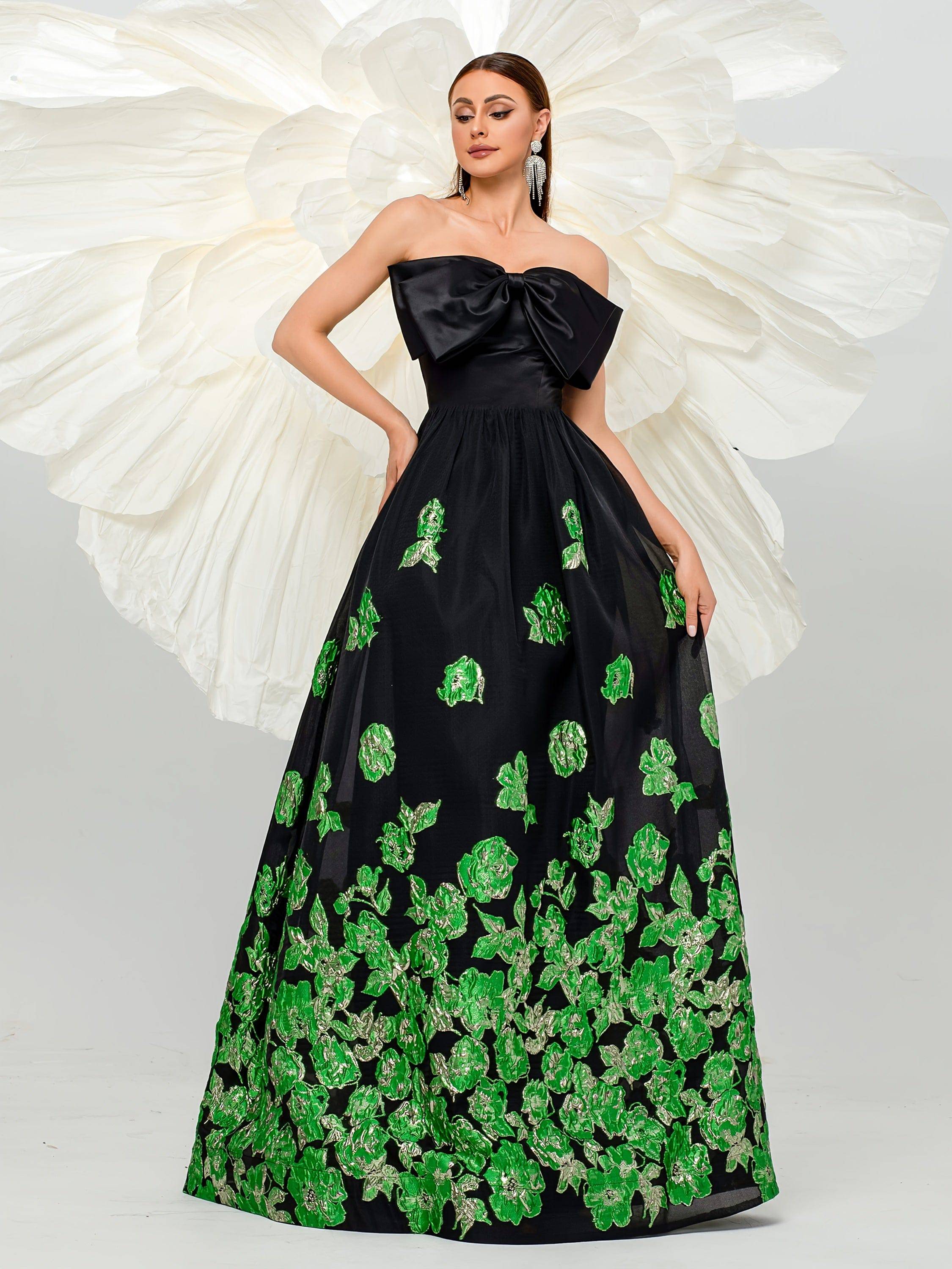 Strapless Open Back Long Dress with Large Bow and Sequined Mesh Panels