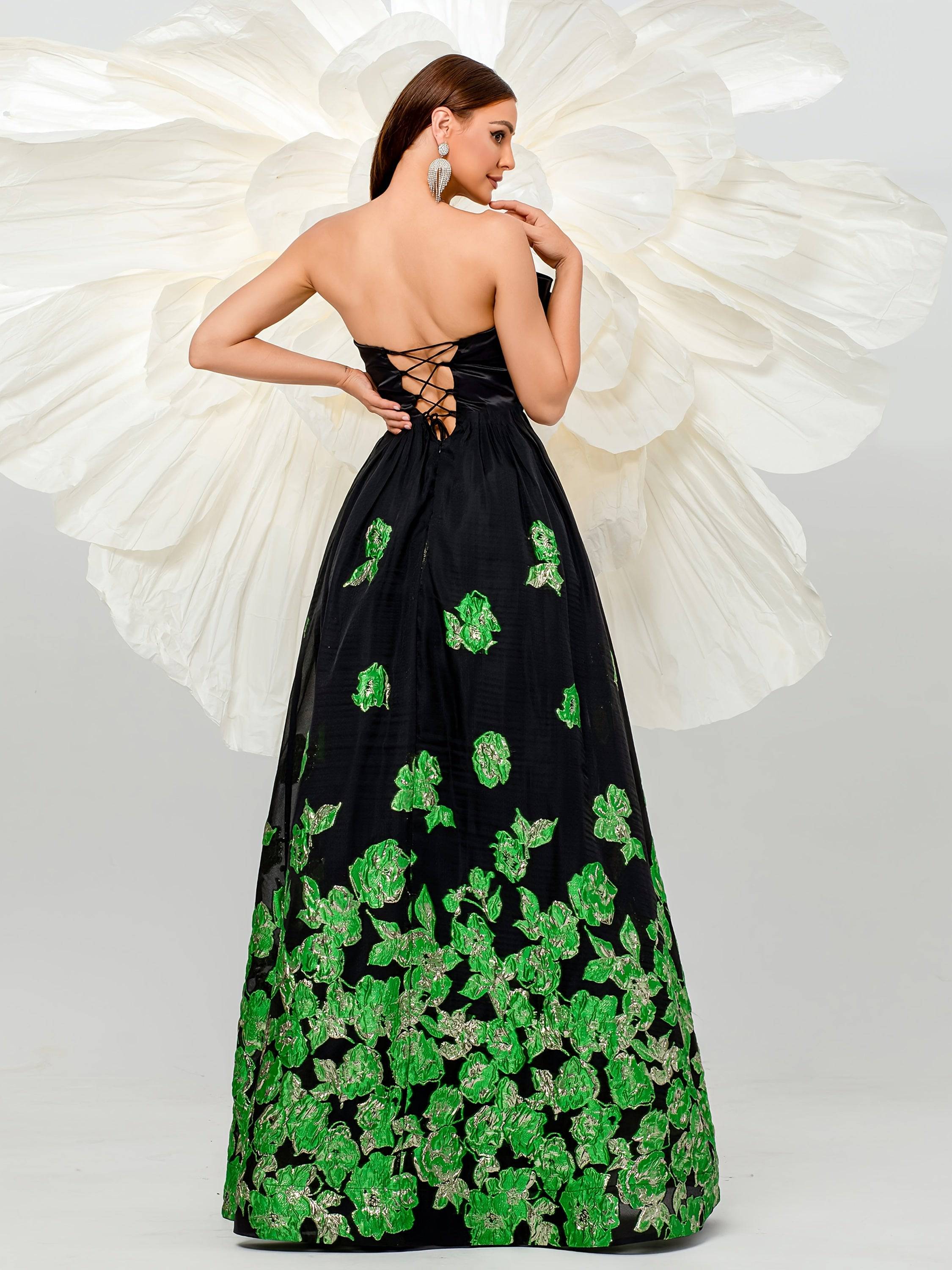 Strapless Open Back Long Dress with Large Bow and Sequined Mesh Panels