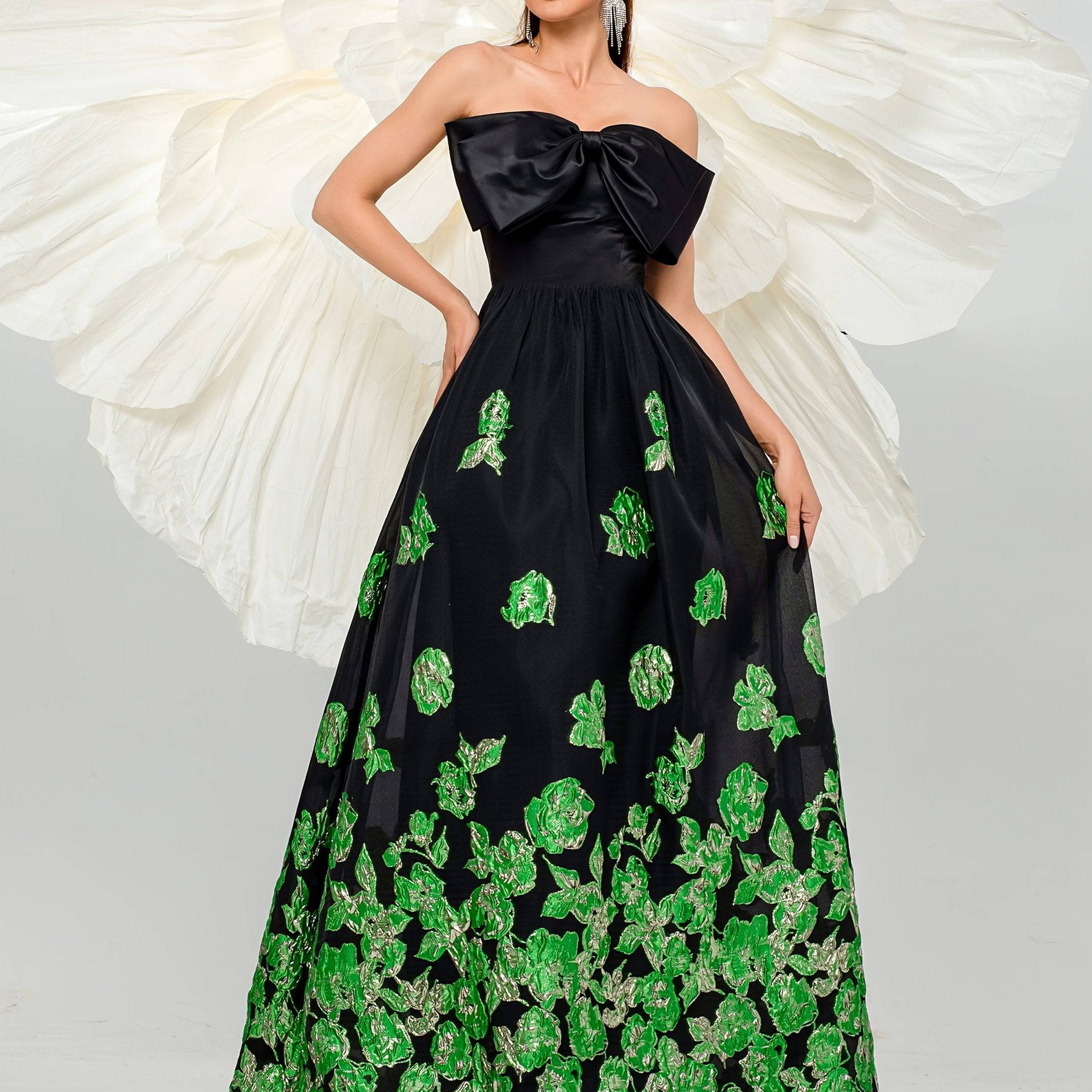 Strapless Open Back Long Dress with Large Bow and Sequined Mesh Panels