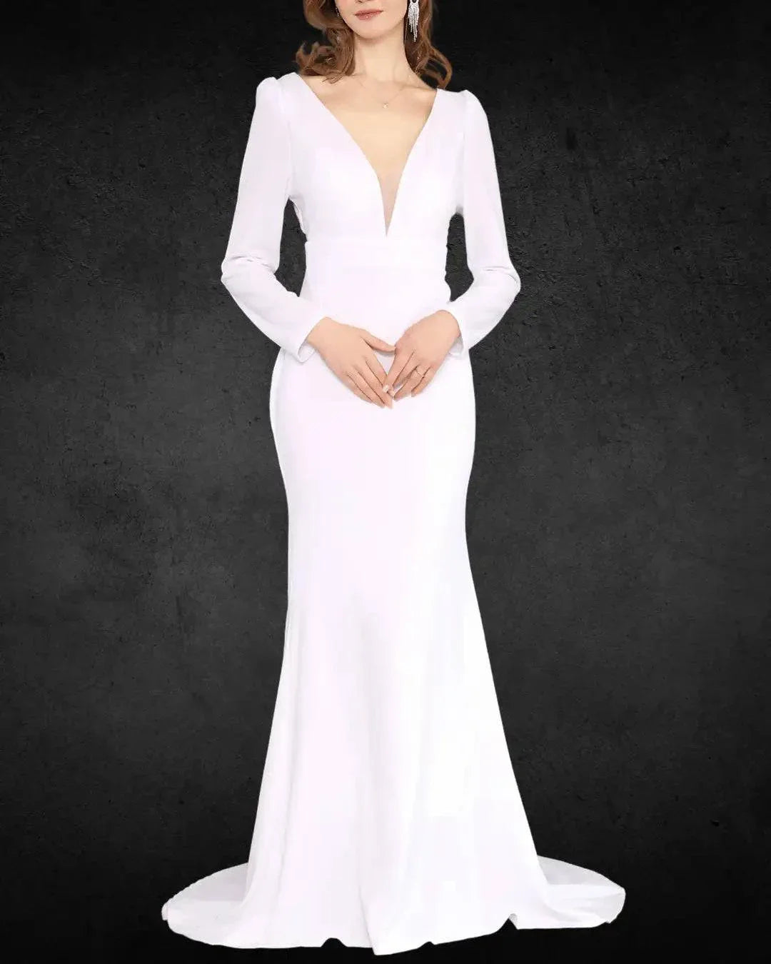 VougeVamp Elegant French-Inspired V-Neck Long Sleeve Mermaid Bridal Gown - Wedding Outfit - VougeVampUK