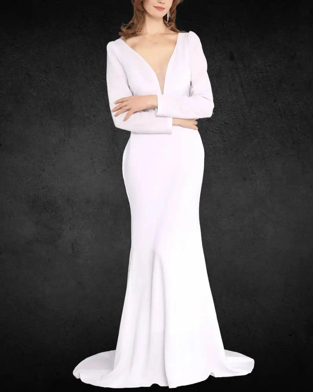 VougeVamp Elegant French-Inspired V-Neck Long Sleeve Mermaid Bridal Gown - Wedding Outfit - VougeVampUK