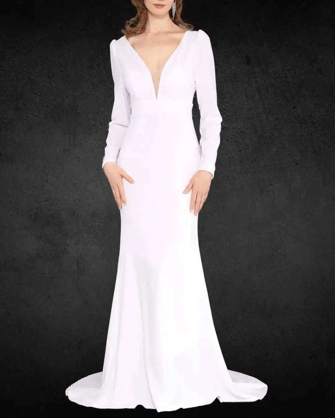 VougeVamp Elegant French-Inspired V-Neck Long Sleeve Mermaid Bridal Gown - Wedding Outfit - VougeVampUK