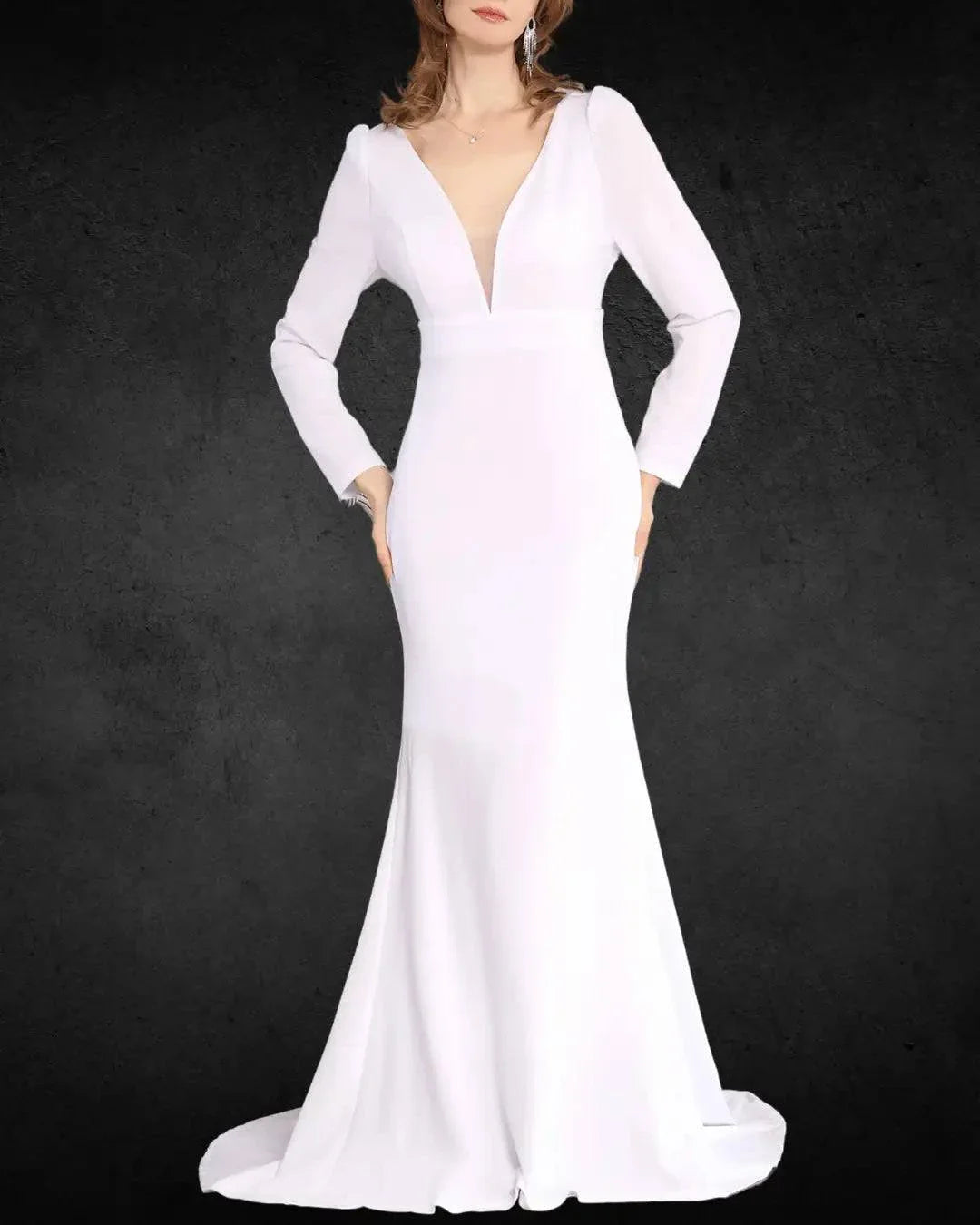 VougeVamp Elegant French-Inspired V-Neck Long Sleeve Mermaid Bridal Gown - Wedding Outfit - VougeVampUK