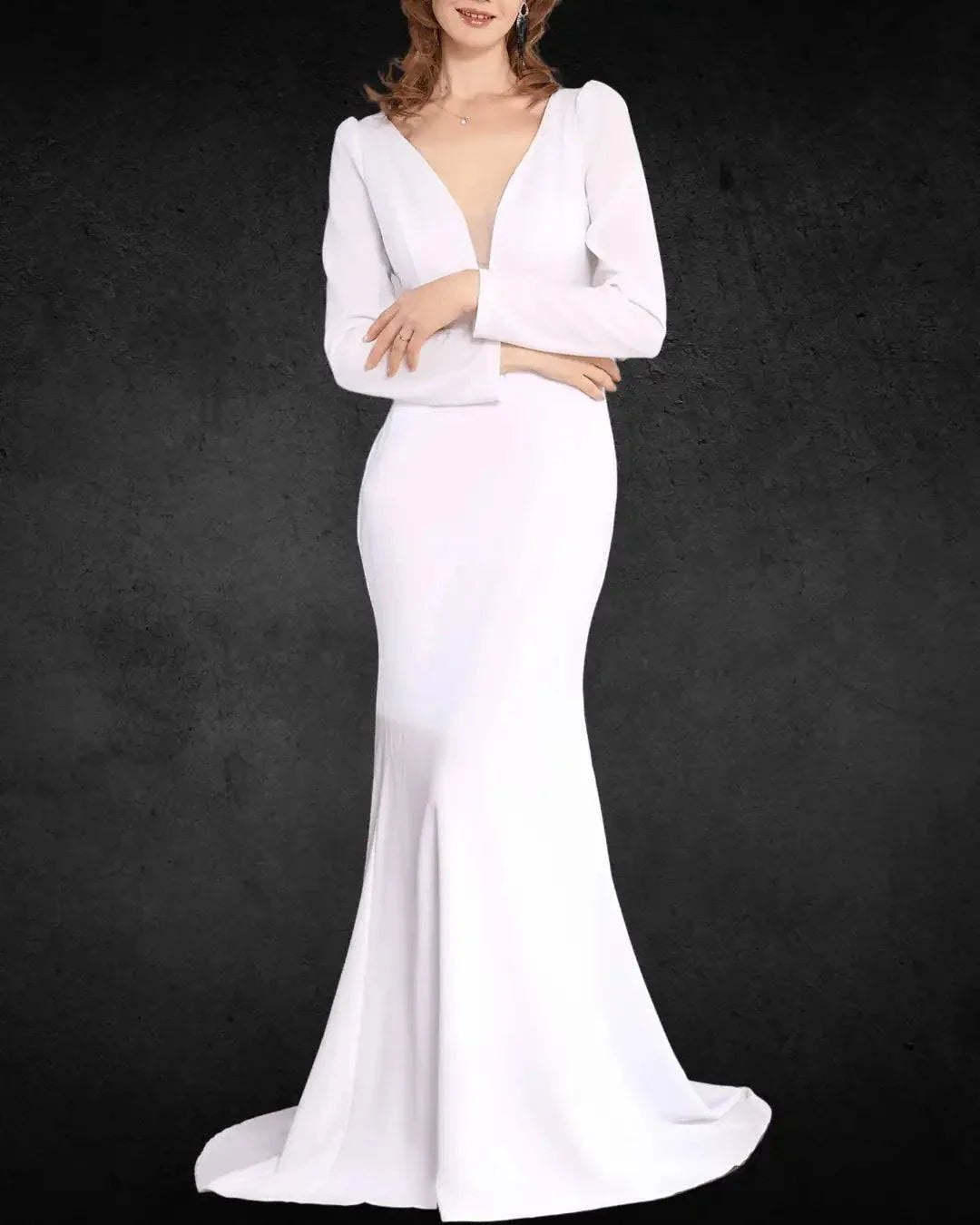 VougeVamp Elegant French-Inspired V-Neck Long Sleeve Mermaid Bridal Gown - Wedding Outfit - VougeVampUK