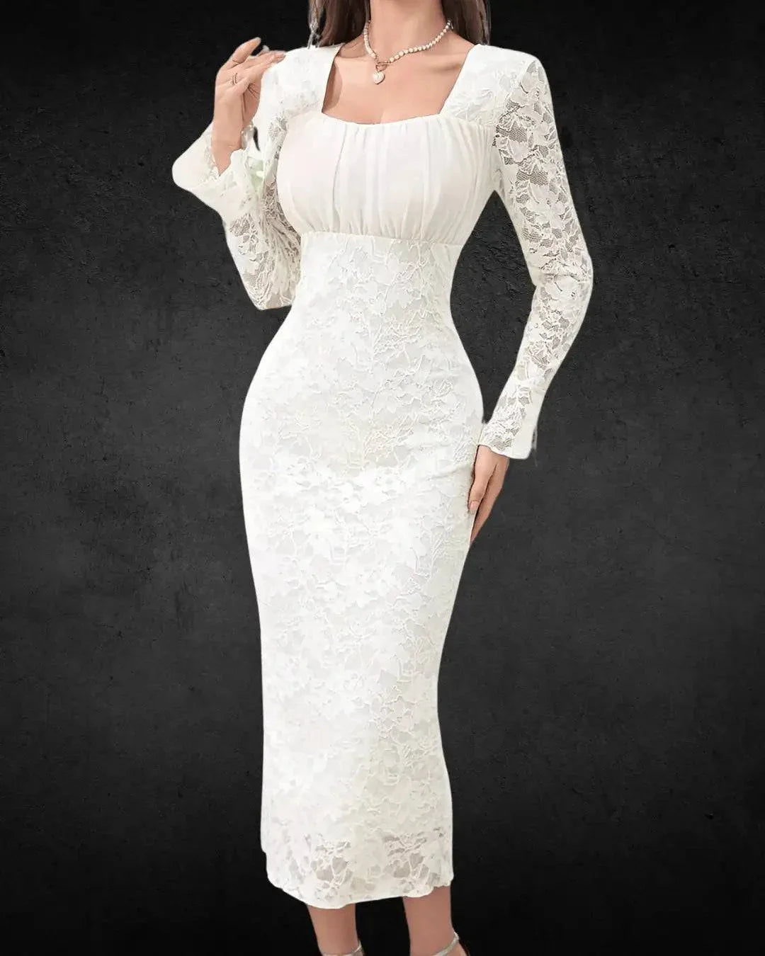 VougeVamp Elegant Lace-Trimmed Long Sleeve Bodycon Bridal Dress – Square Neck, Flared Cuffs - VougeVampUK