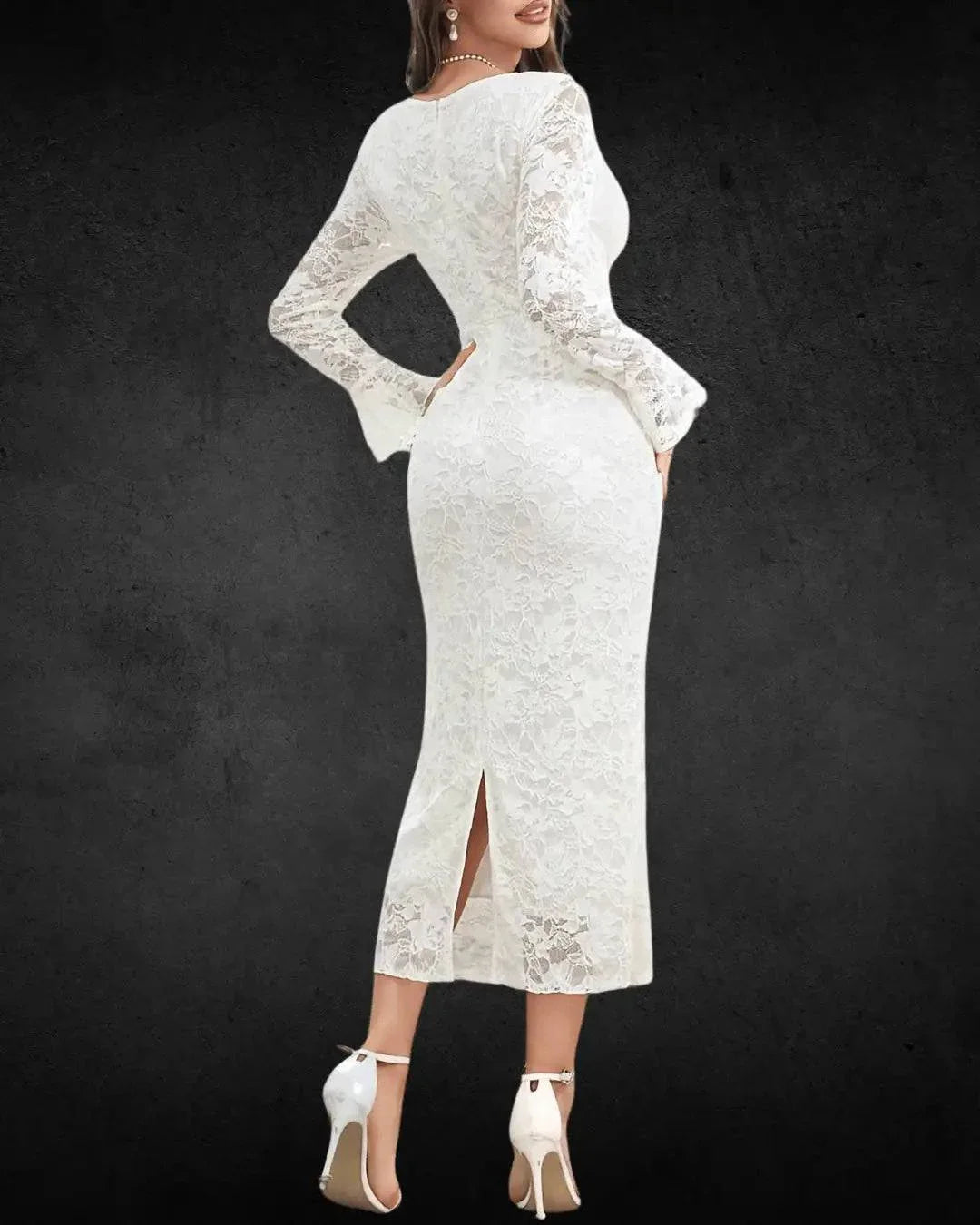 VougeVamp Elegant Lace-Trimmed Long Sleeve Bodycon Bridal Dress – Square Neck, Flared Cuffs - VougeVampUK