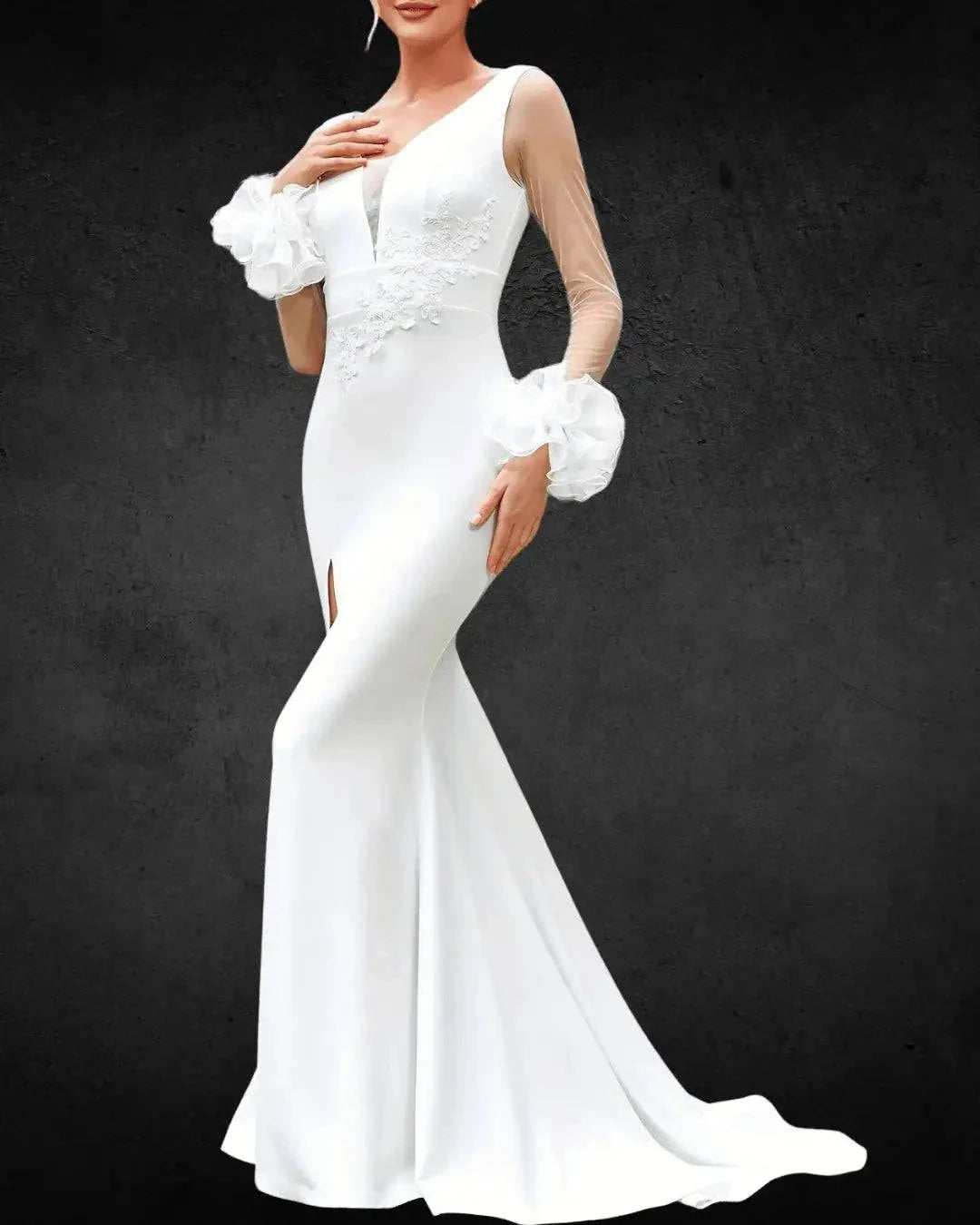 VougeVamp Elegant Mesh Splicing High-Slit Wedding Gown – Appliqué Long Dress for Brides
