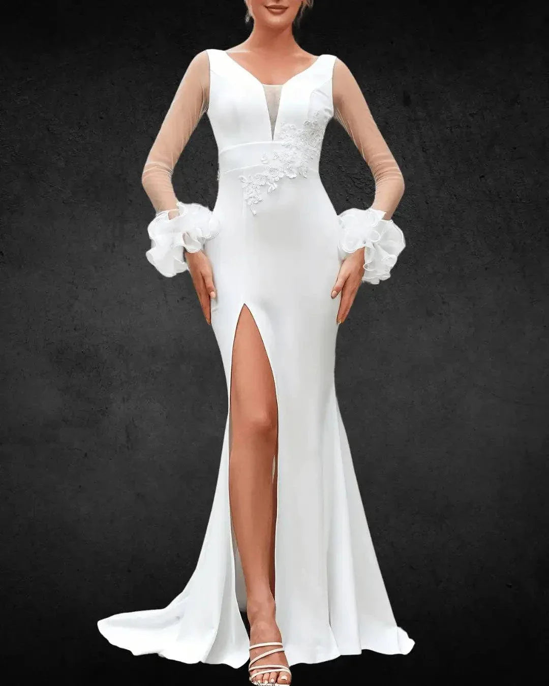 VougeVamp Elegant Mesh Splicing High-Slit Wedding Gown – Appliqué Long Dress for Brides