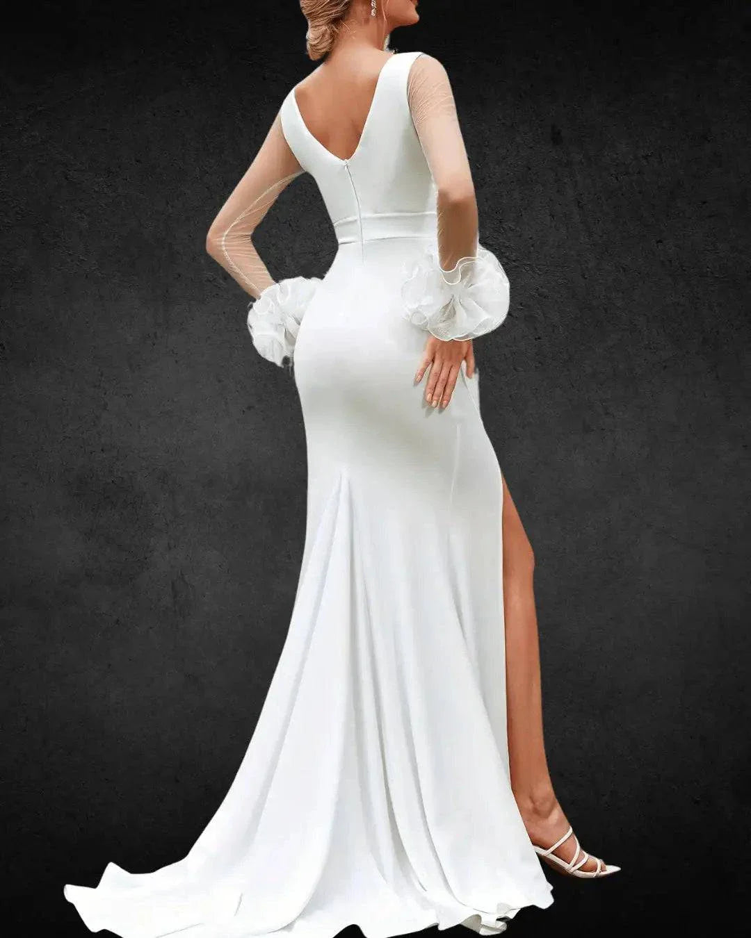 VougeVamp Elegant Mesh Splicing High-Slit Wedding Gown – Appliqué Long Dress for Brides