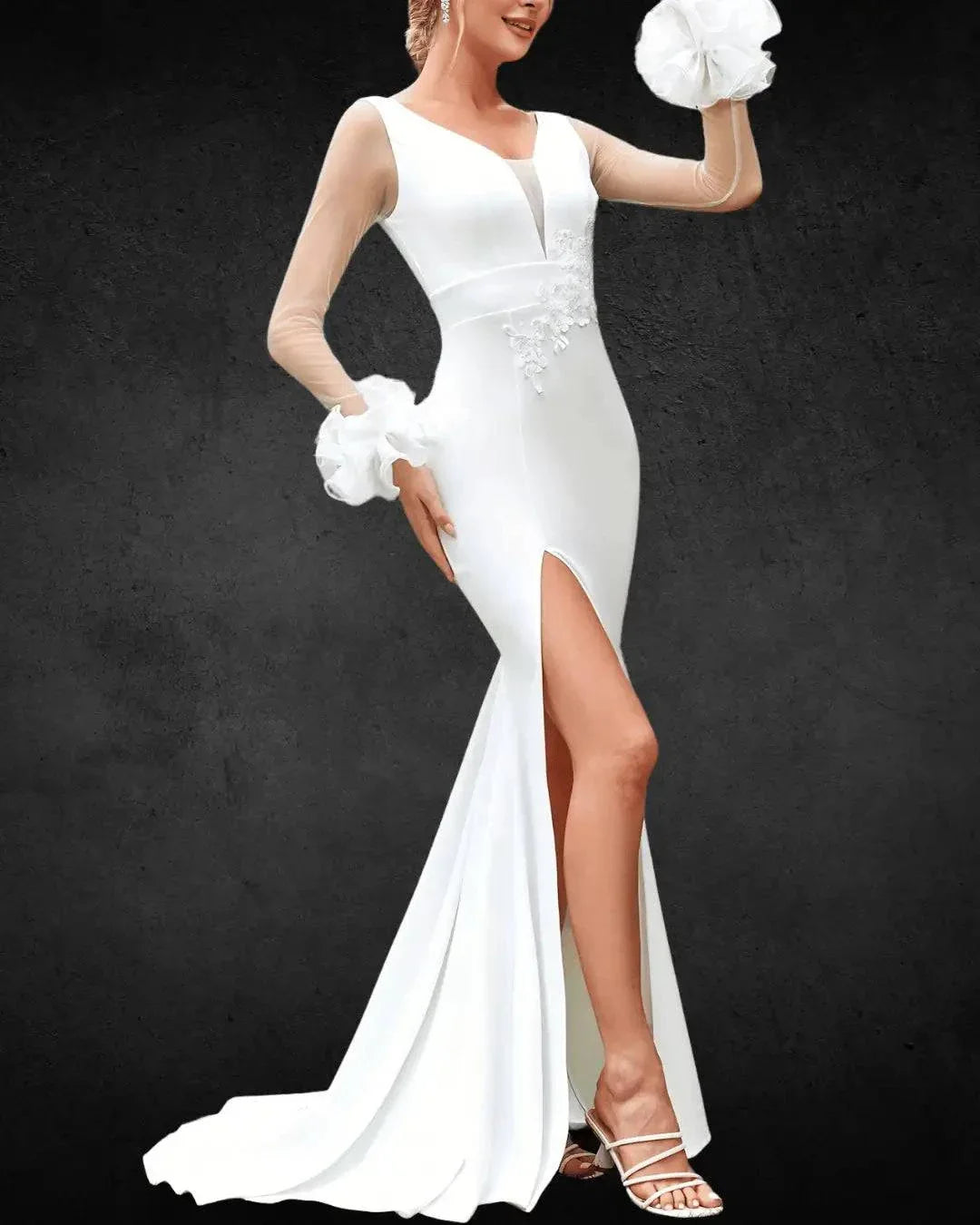 VougeVamp Elegant Mesh Splicing High-Slit Wedding Gown – Appliqué Long Dress for Brides