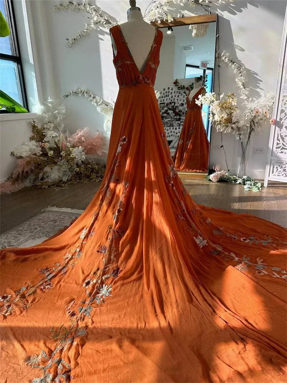 VougeVamp BOHO Orange Chiffon Evening Dress - Sleeveless V-Neck Long Train A-Line Party Gown