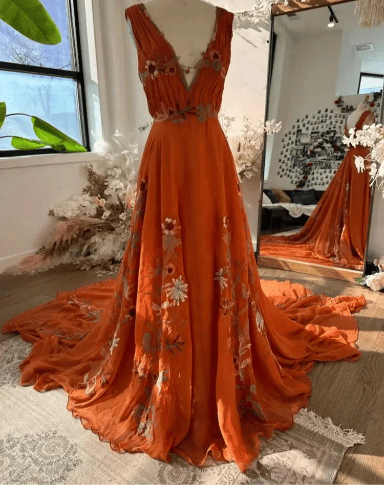 VougeVamp BOHO Orange Chiffon Evening Dress - Sleeveless V-Neck Long Train A-Line Party Gown