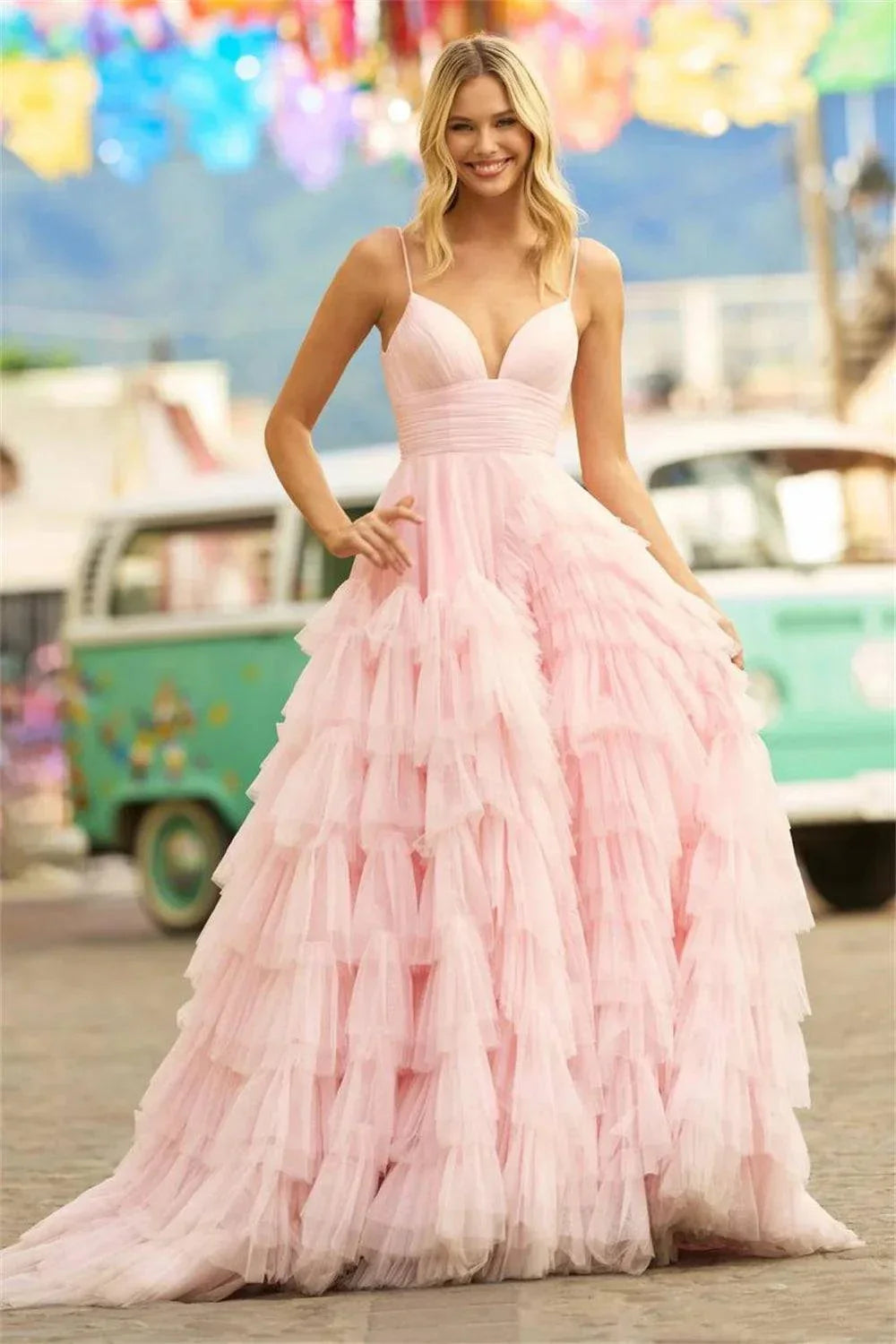 VougeVamp Baby Pink Multilayer Prom Dress - Princess Tulle A-Line Evening Gown with Sweep Train