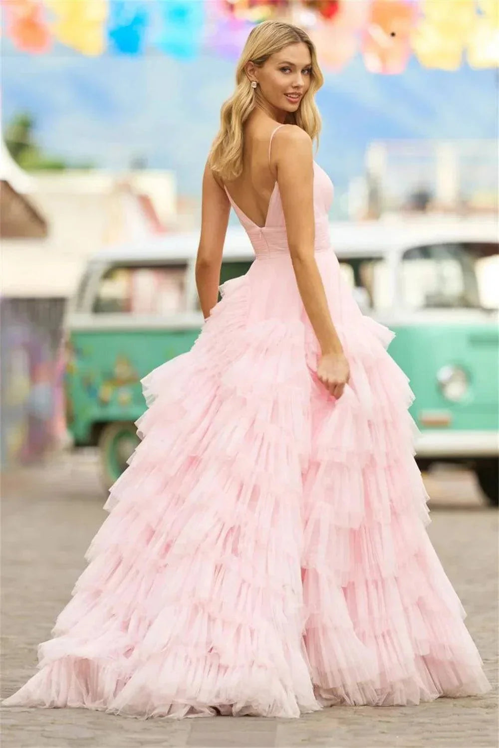 VougeVamp Baby Pink Multilayer Prom Dress - Princess Tulle A-Line Evening Gown with Sweep Train