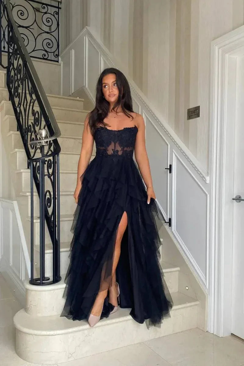 VougeVamp Black Prom Dress - Lace Embroidery Multi-Layer Tulle Off-Shoulder Wedding Gown