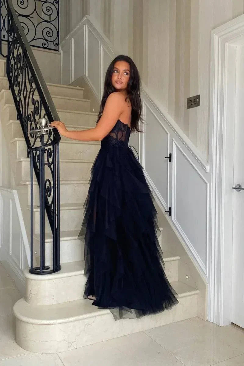 VougeVamp Black Prom Dress - Lace Embroidery Multi-Layer Tulle Off-Shoulder Wedding Gown