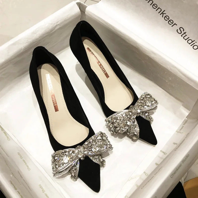 VougeVamp Bowknot Pearl Stiletto Pumps – Elegant Pointed Toe High Heels for Bridal & Party Wear