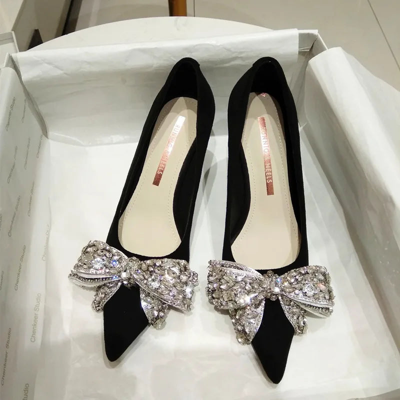 VougeVamp Bowknot Pearl Stiletto Pumps – Elegant Pointed Toe High Heels for Bridal & Party Wear