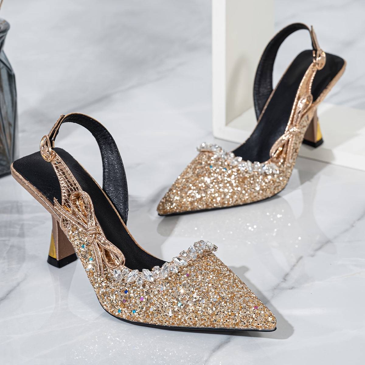 VougeVamp Elegant Golden Stiletto Pumps – Pointed Toe Dress Shoes with Rhinestone Chain Detail
