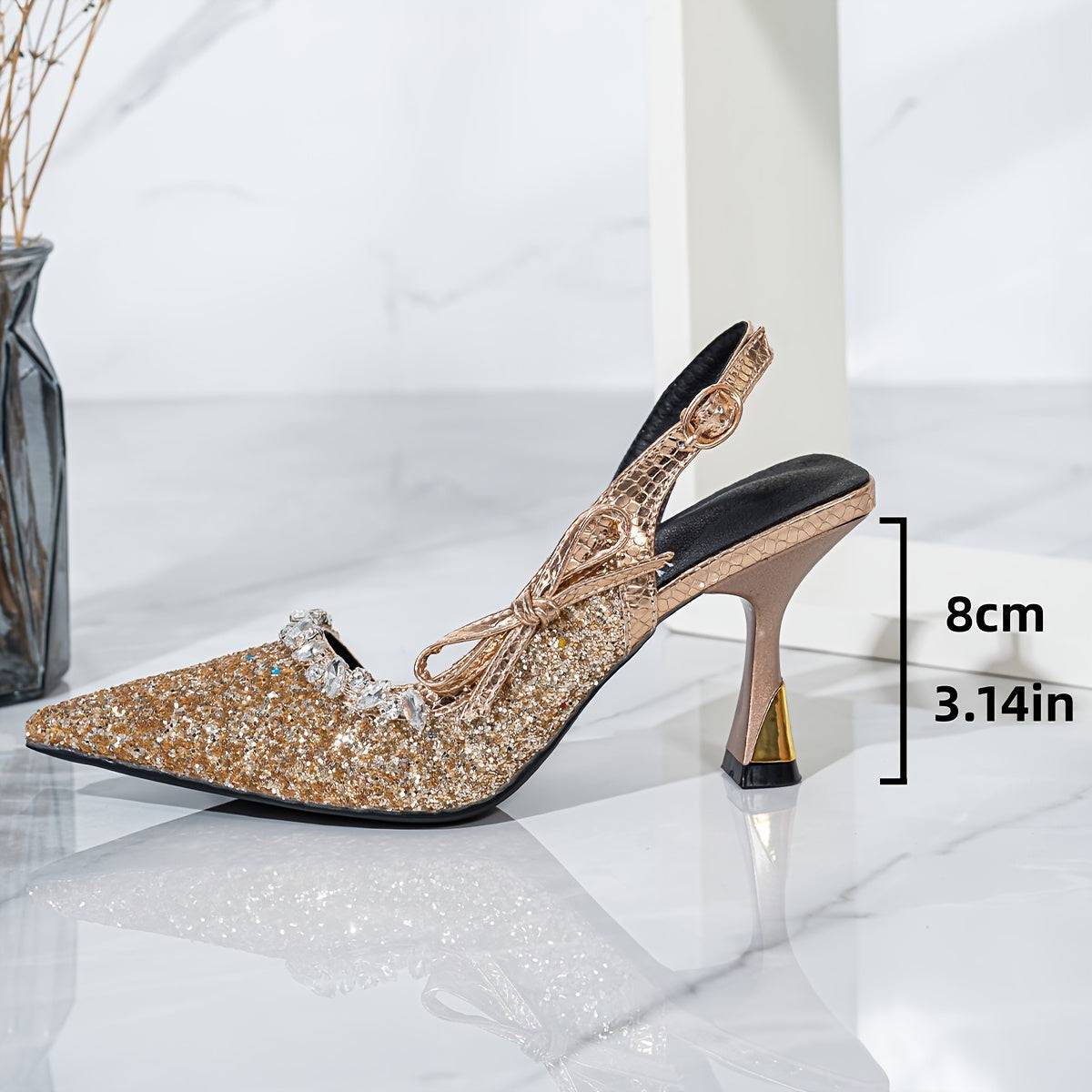 VougeVamp Elegant Golden Stiletto Pumps – Pointed Toe Dress Shoes with Rhinestone Chain Detail