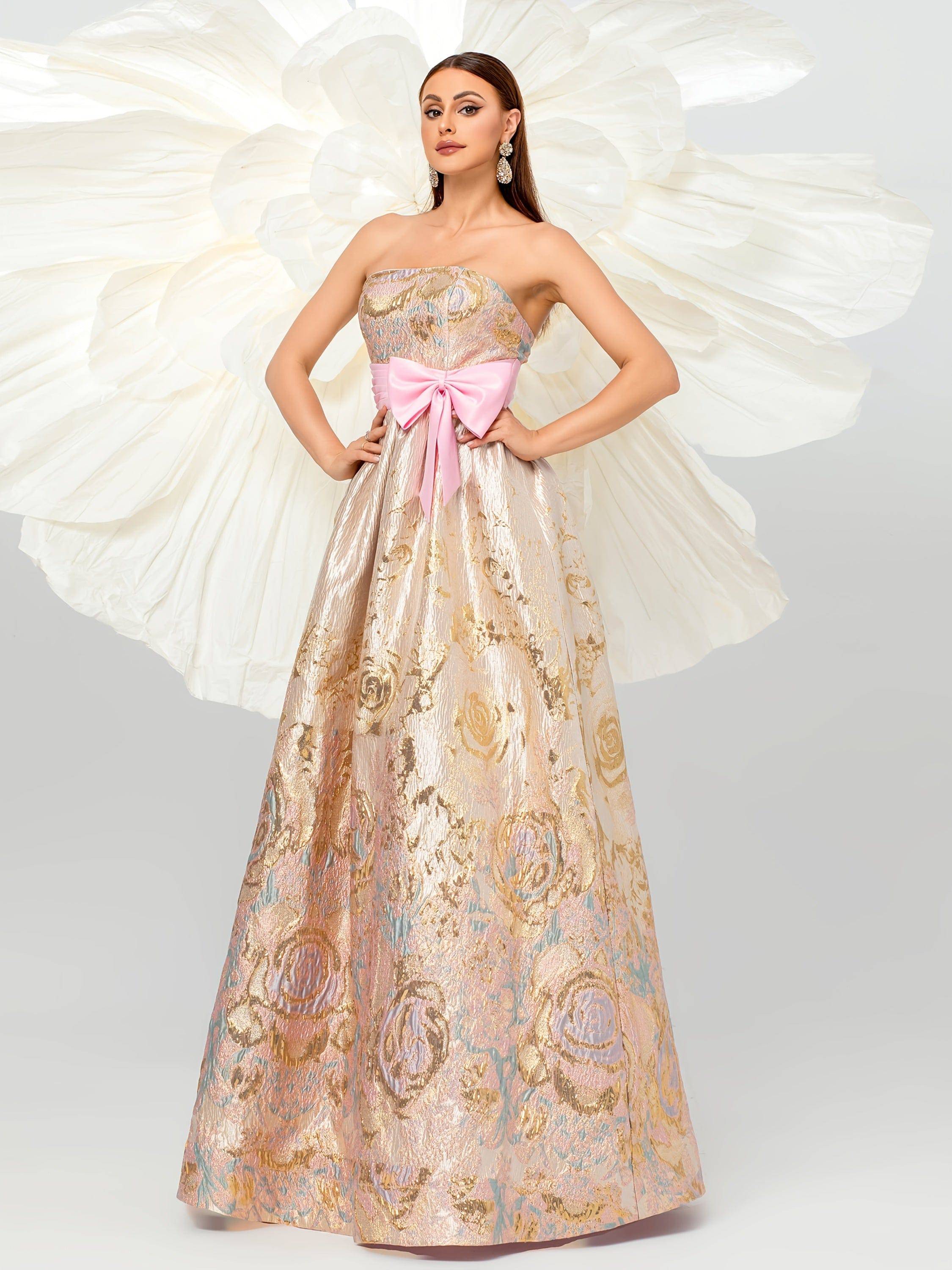 VougeVamp Elegant Off-Shoulder Floral Jacquard Maxi Dress – Statement Bow Detail Gown for Special Occasions