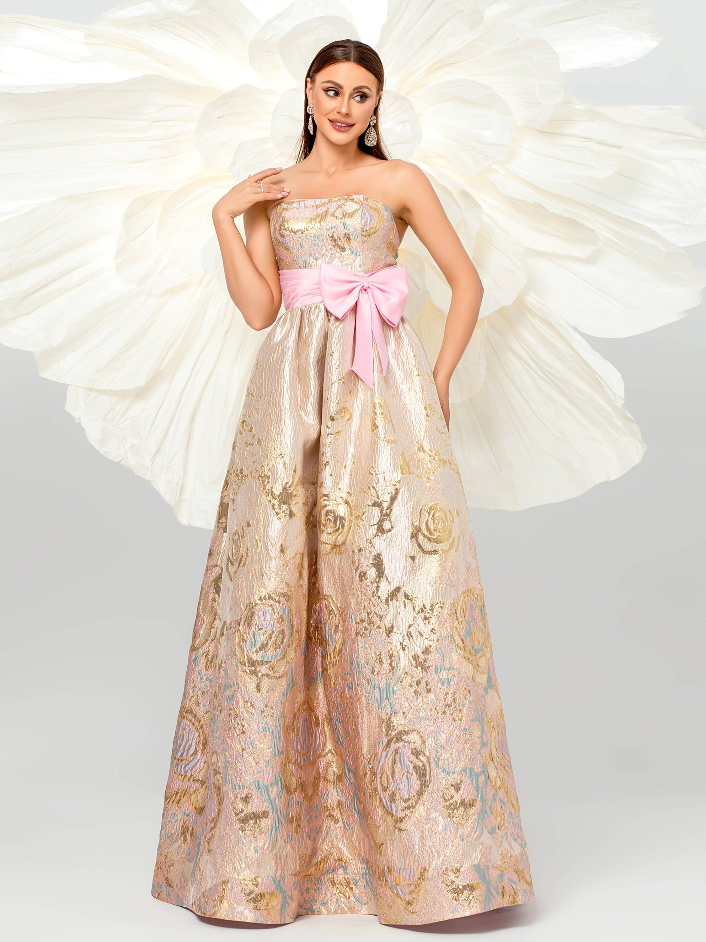 VougeVamp Elegant Off-Shoulder Floral Jacquard Maxi Dress – Statement Bow Detail Gown for Special Occasions