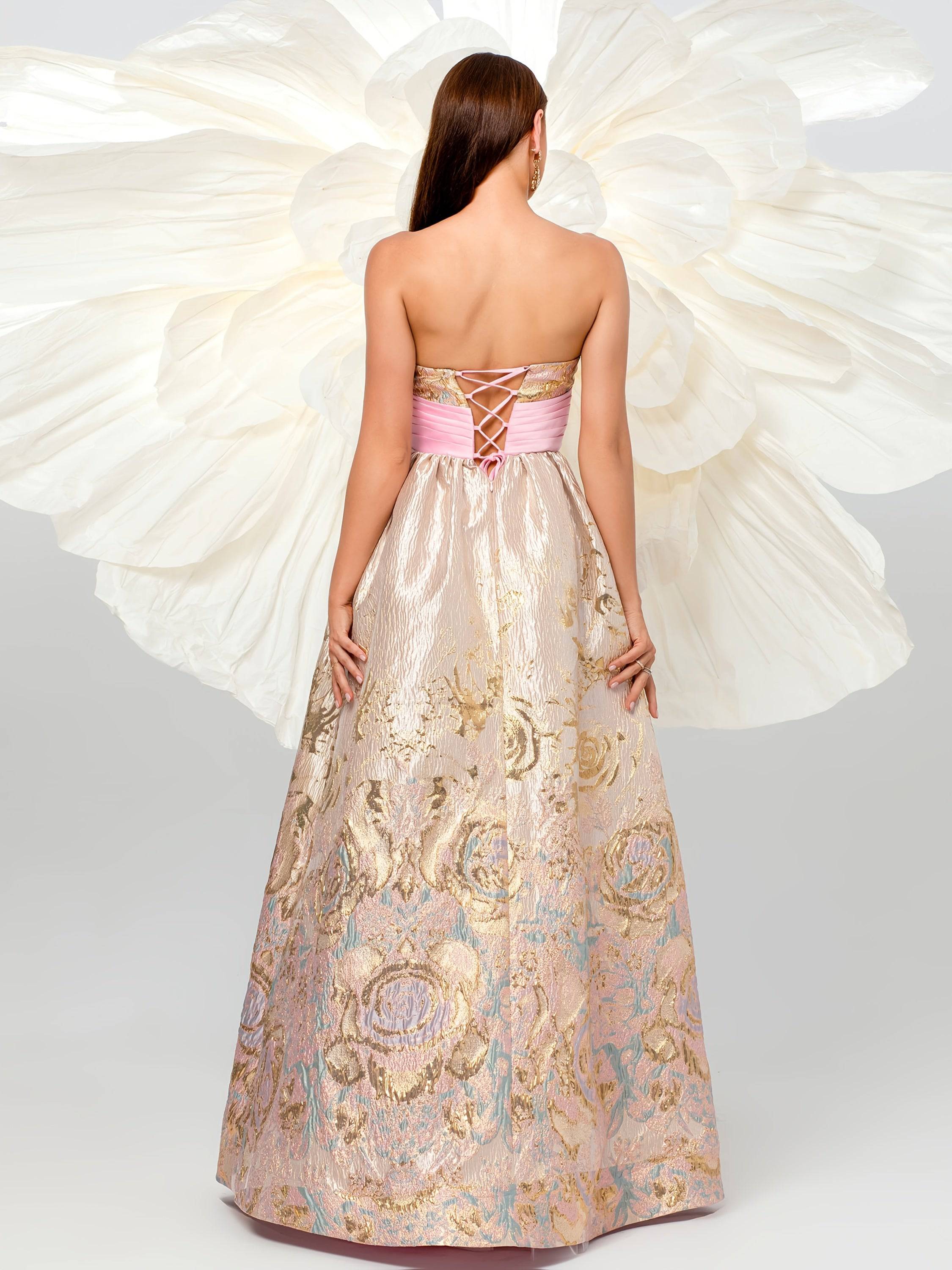 VougeVamp Elegant Off-Shoulder Floral Jacquard Maxi Dress – Statement Bow Detail Gown for Special Occasions