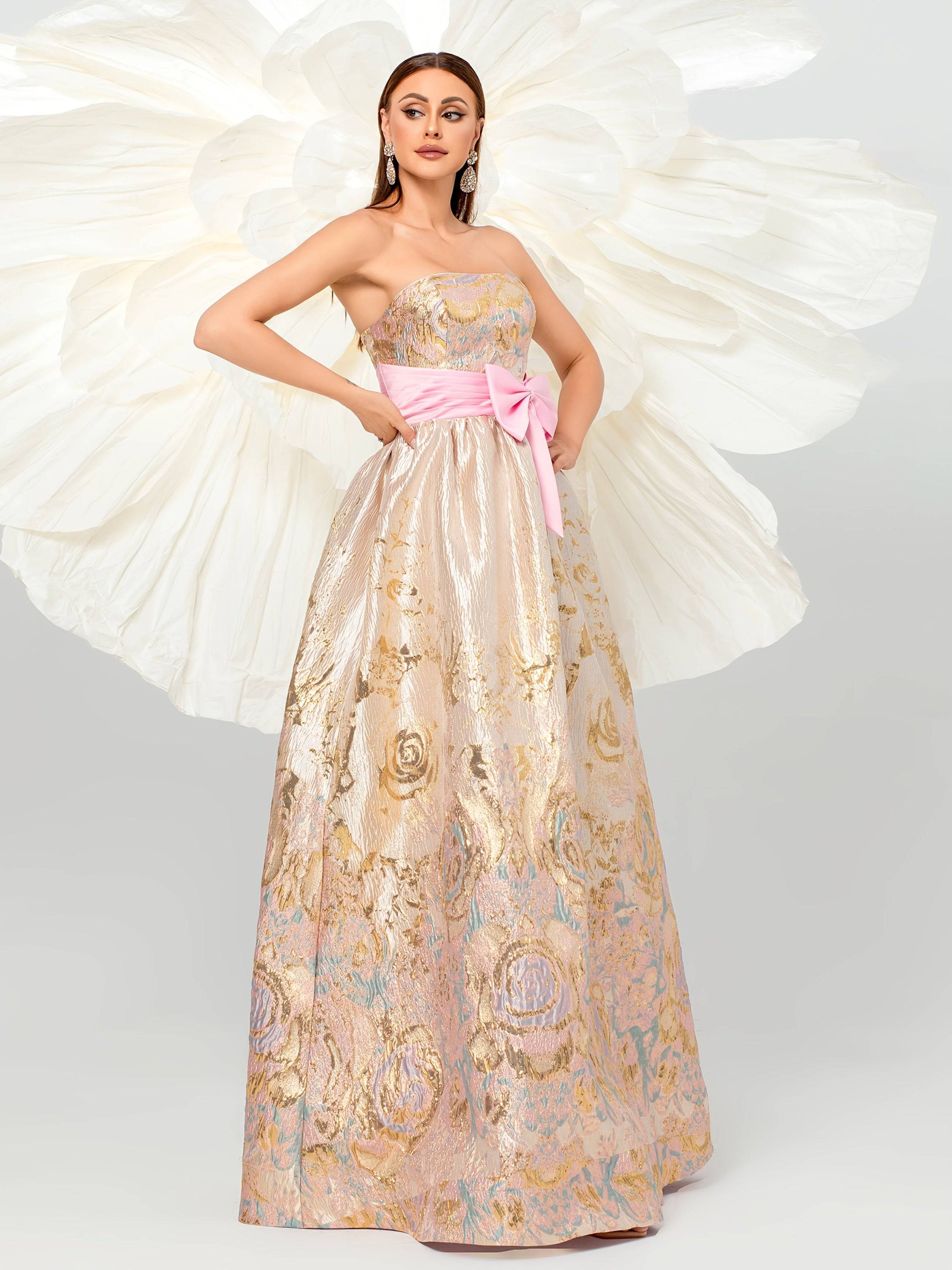 VougeVamp Elegant Off-Shoulder Floral Jacquard Maxi Dress – Statement Bow Detail Gown for Special Occasions