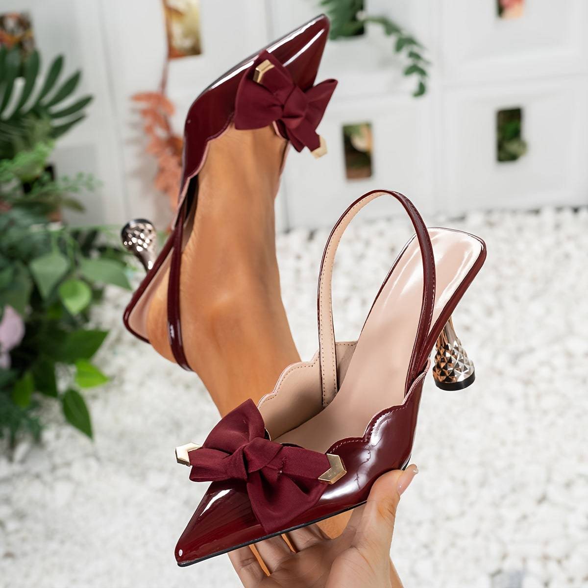 VougeVamp Fashionable Pointed Toe Dress Pumps – Elegant Stiletto Heels with Bowknot & Back Strap