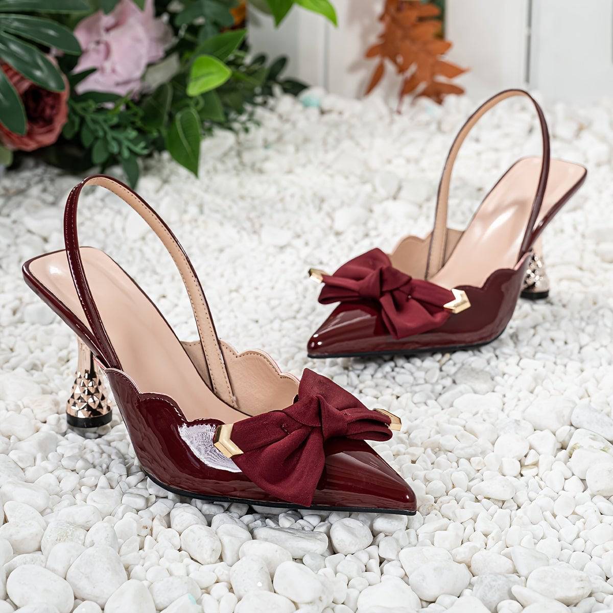 VougeVamp Fashionable Pointed Toe Dress Pumps – Elegant Stiletto Heels with Bowknot & Back Strap