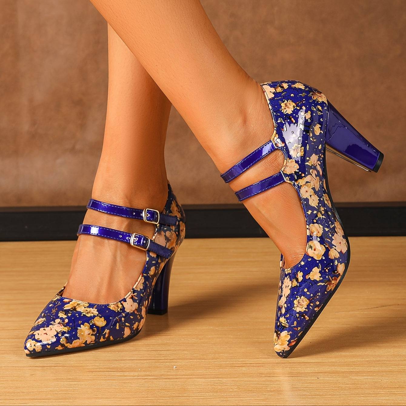 VougeVamp Floral Mary Jane Pumps – Glossy Blue Pointed Toe High Heels with Double Buckle Straps