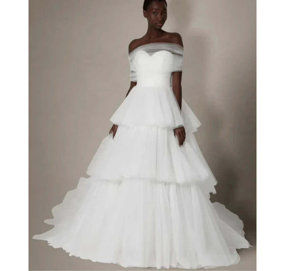 VougeVamp Formal A-Line Lace Wedding Dress - Multilayer Floor-Length Off-the-Shoulder Evening Gown