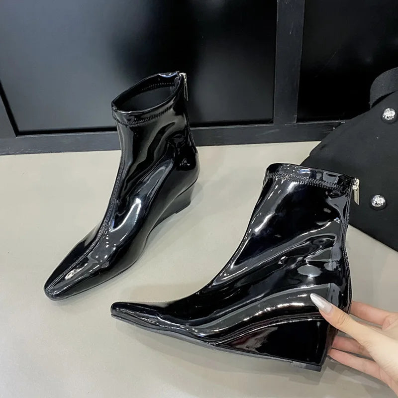 VougeVamp Handmade Patent Leather Chelsea Ankle Boots – Pointed Toe Wedge Heels with Zipper Closure