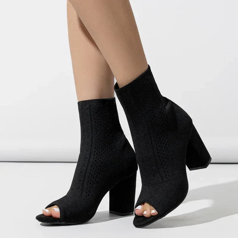 VougeVamp Handmade Peep Toe Stretch Fabric Ankle Boots – Chic High Heel Spring Sandals