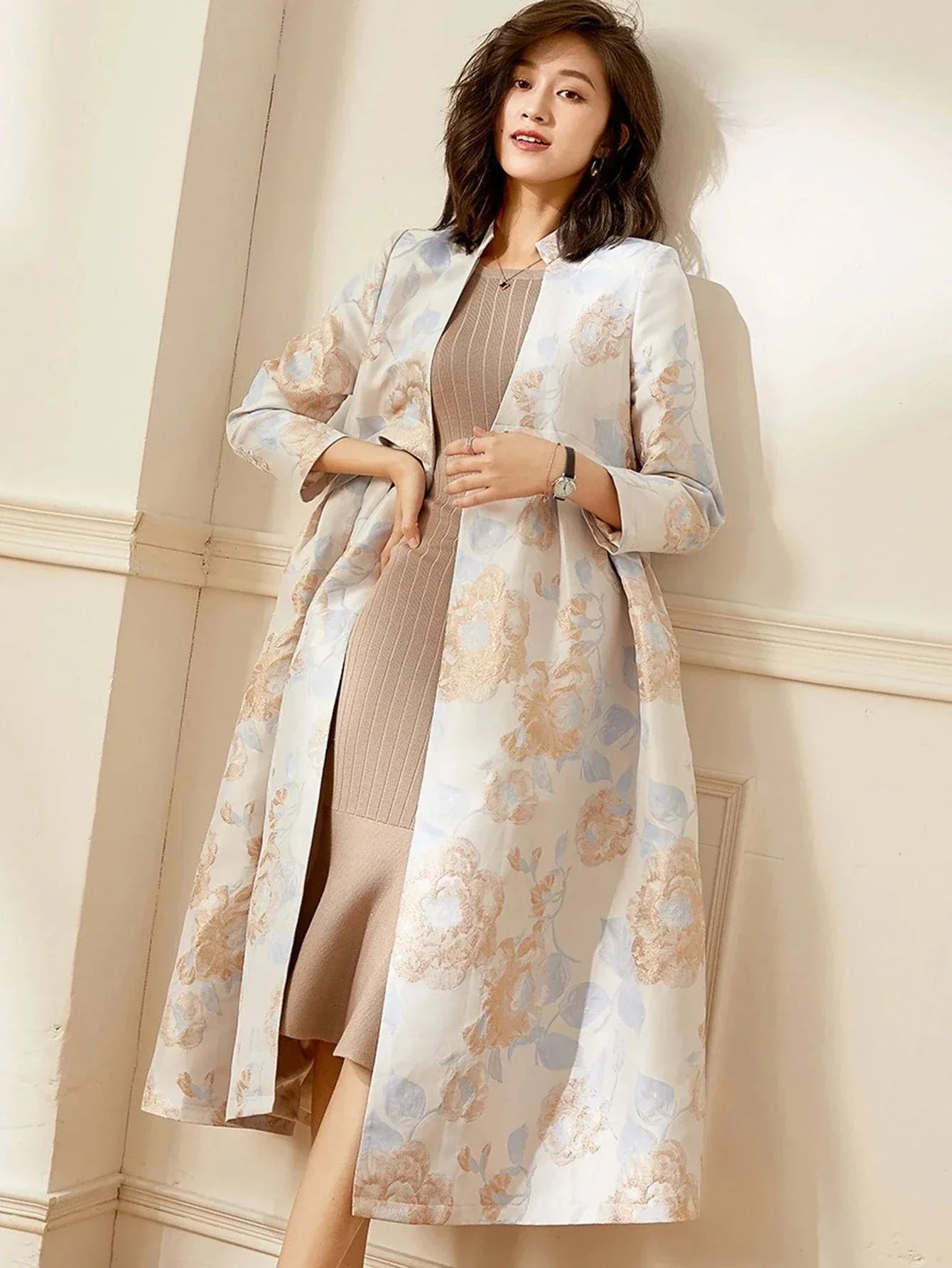 VougeVamp Luxury Women's Long Trench Coat - Elegant Floral A-Line Outerwear for Spring and Fall
