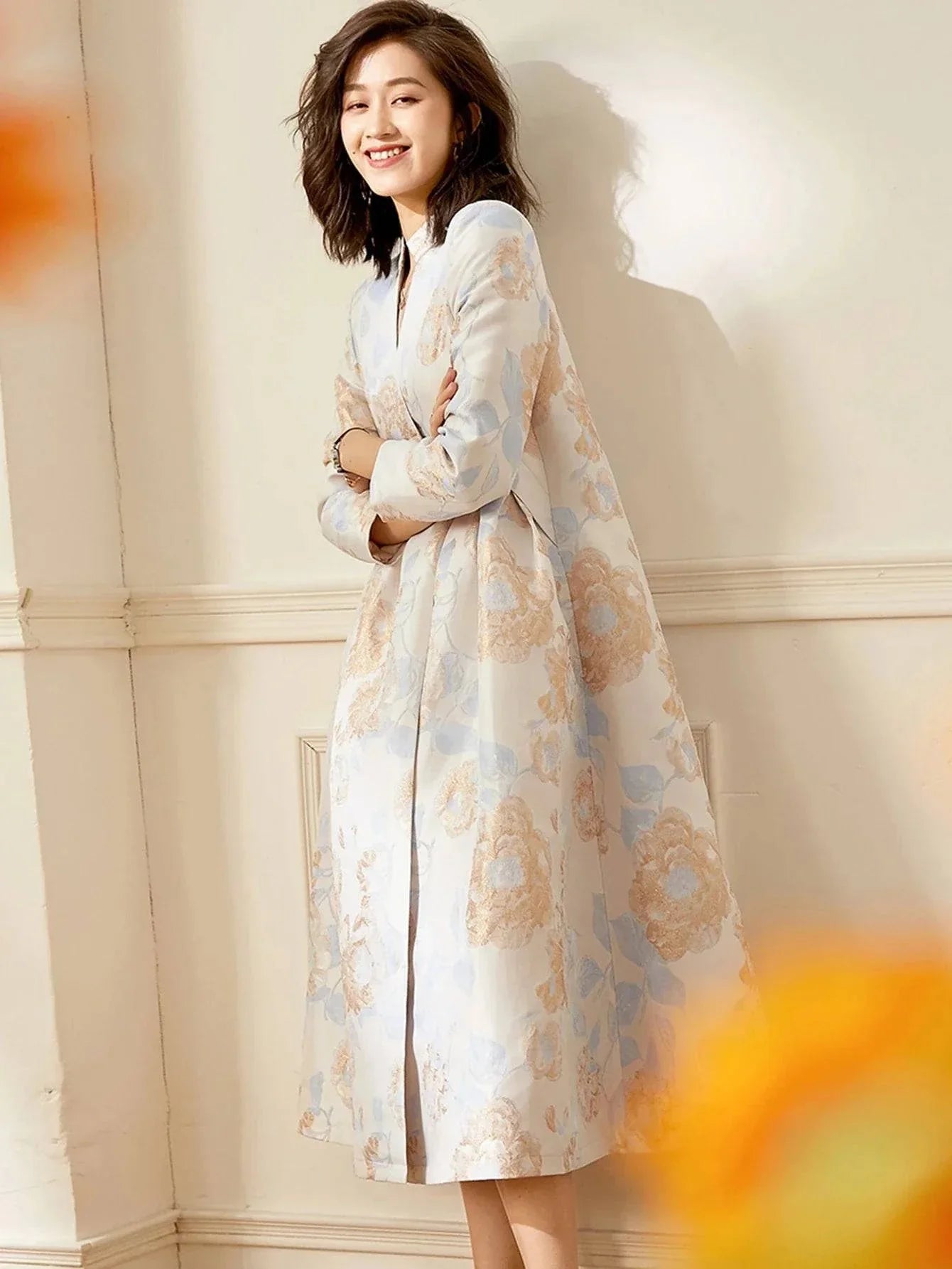 VougeVamp Luxury Women's Long Trench Coat - Elegant Floral A-Line Outerwear for Spring and Fall
