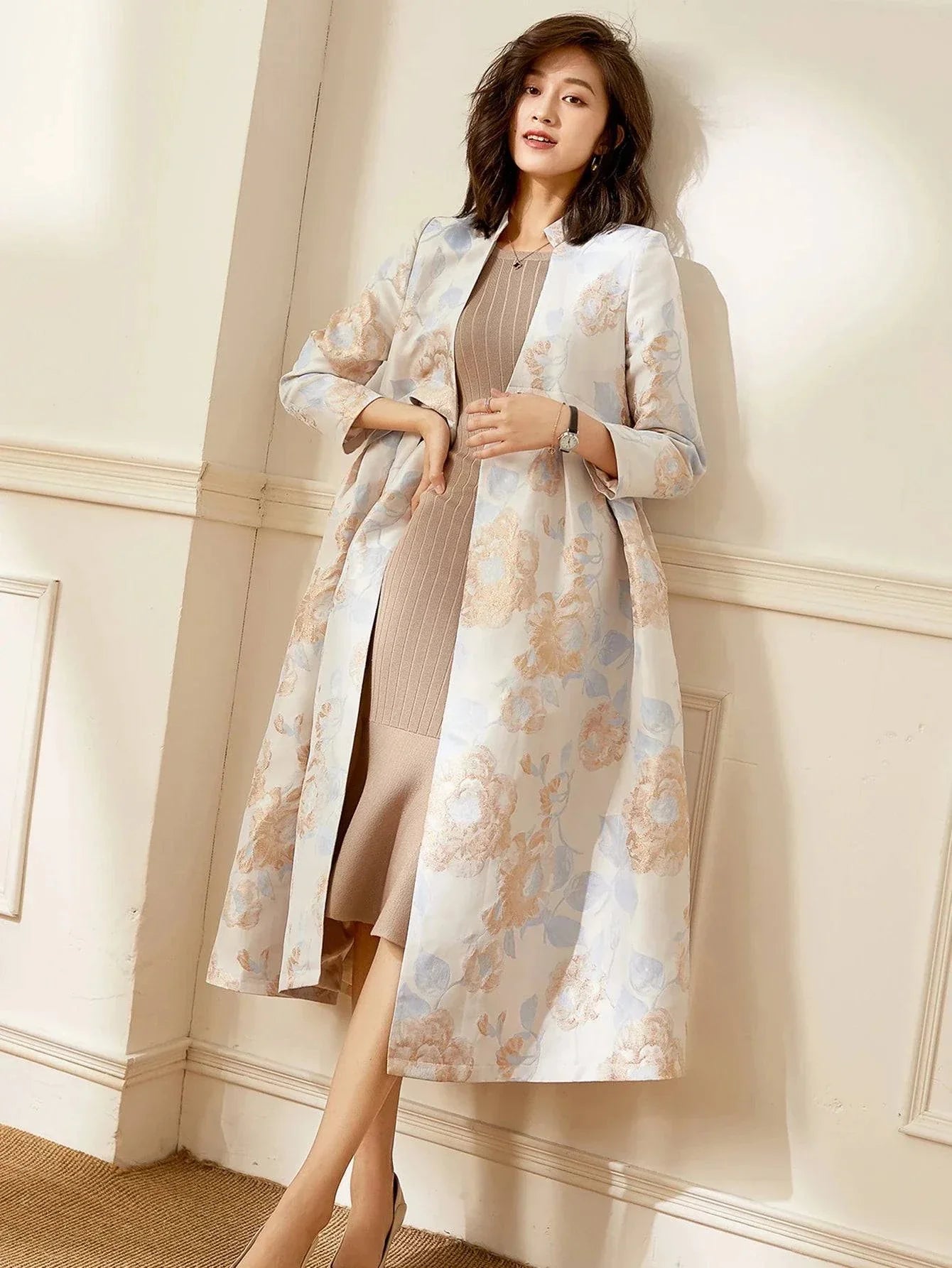 VougeVamp Luxury Women's Long Trench Coat - Elegant Floral A-Line Outerwear for Spring and Fall