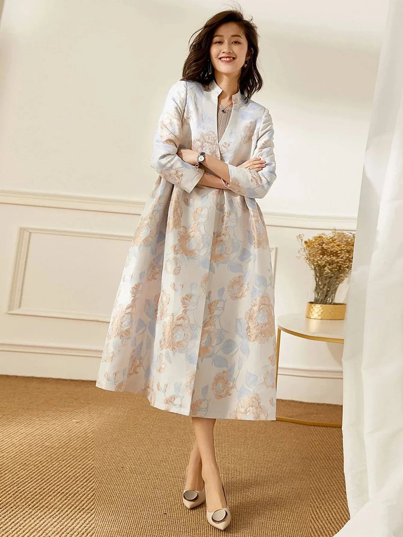 VougeVamp Luxury Women's Long Trench Coat - Elegant Floral A-Line Outerwear for Spring and Fall