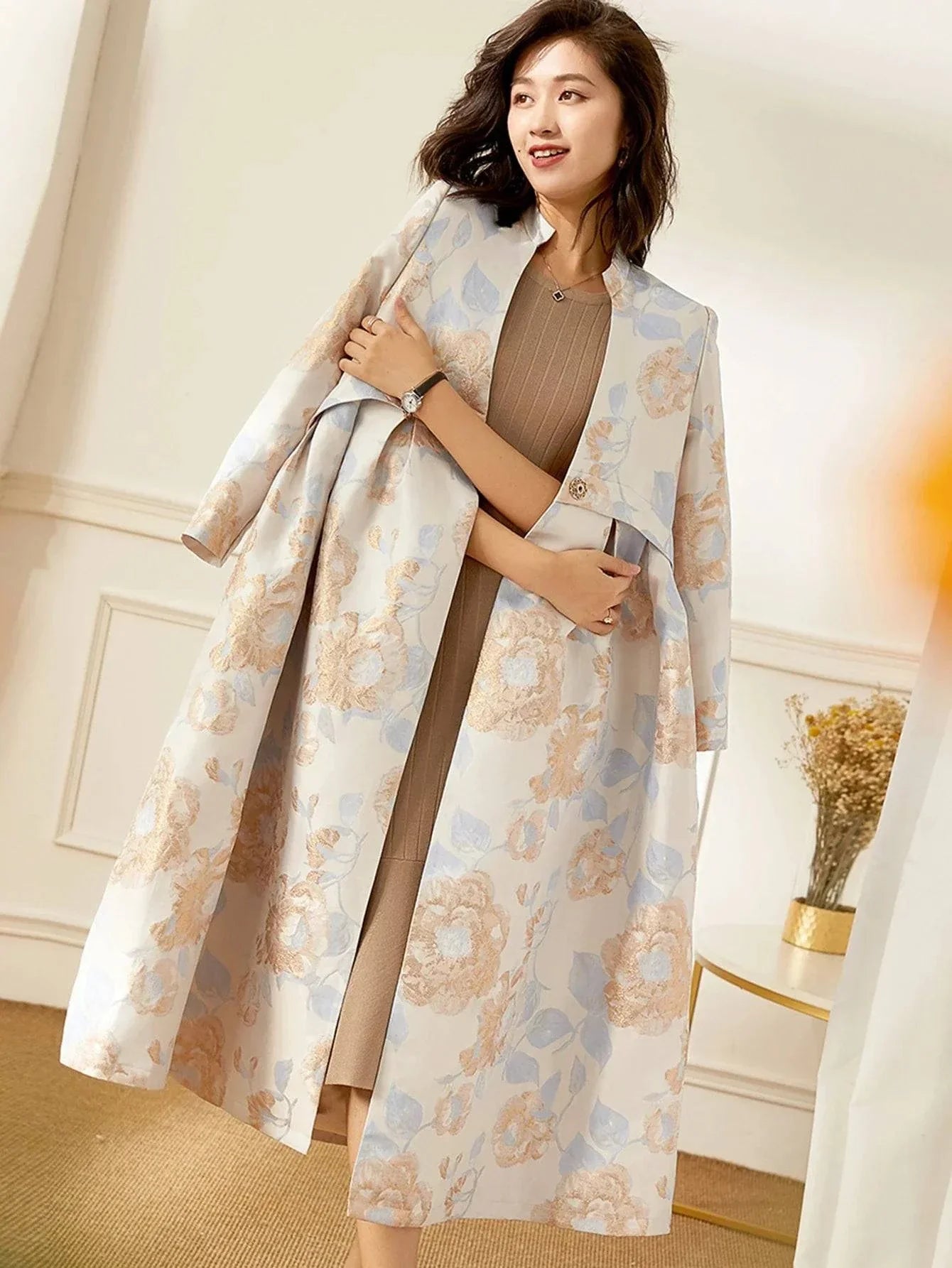 VougeVamp Luxury Women's Long Trench Coat - Elegant Floral A-Line Outerwear for Spring and Fall