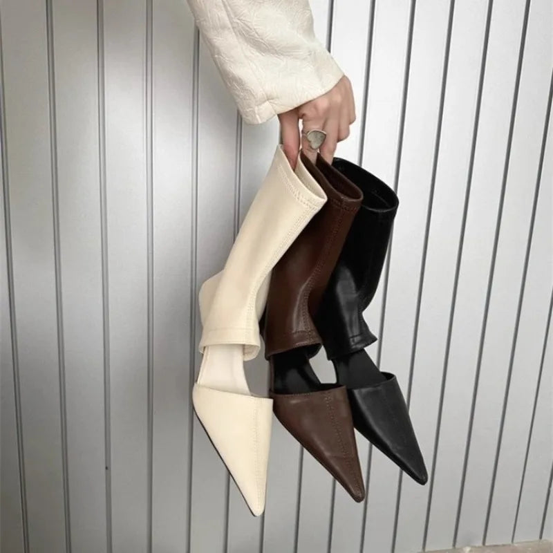 VougeVamp Pointed Toe Hollowed-Out Stiletto Boots – Stylish Elastic Sleeve High Heel Boots for Spring & Fashion Wear